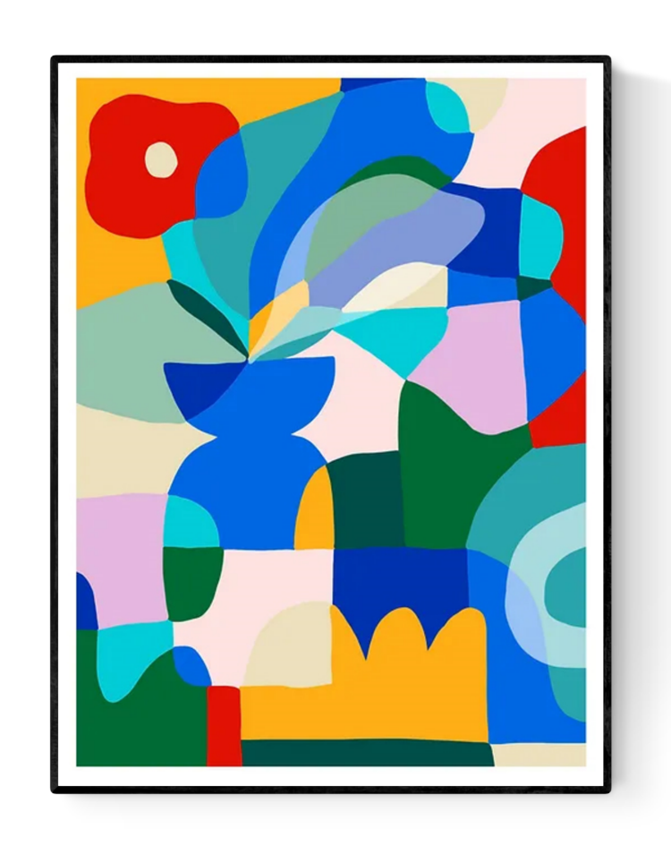 Colorful abstract artwork of a red poppy in a blue vase with bold geometric shapes – Red poppy on blue vase by Teresa Rego, A3 art print made in Portugal.