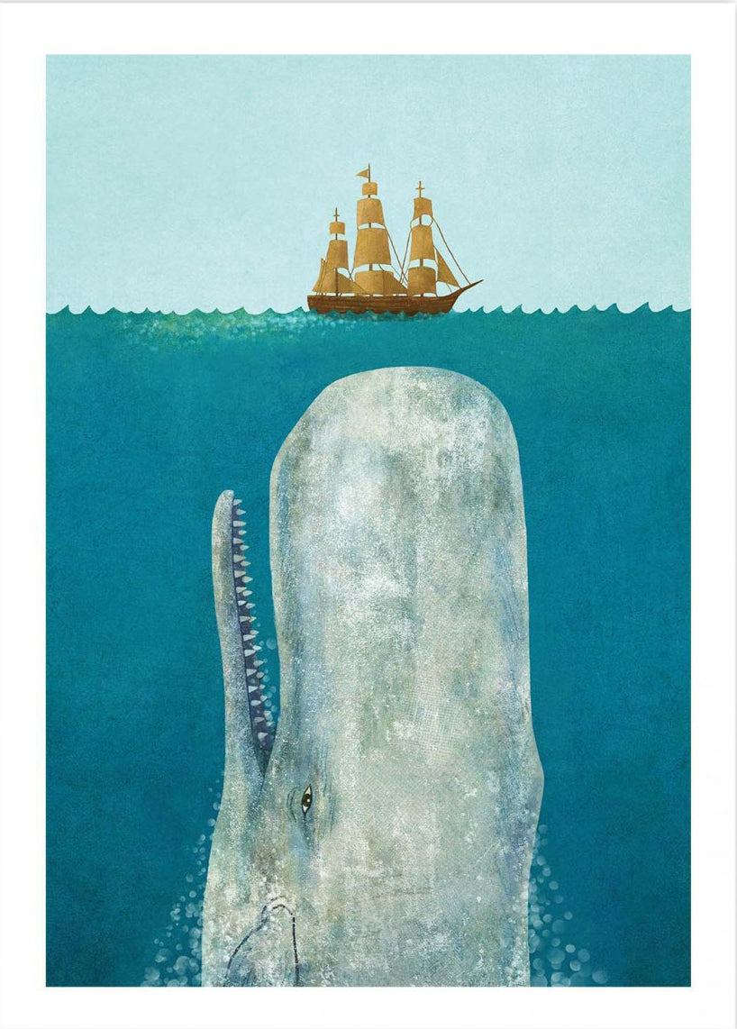 The Whale by Terry Fan – 50x70 cm surreal art print of a giant whale surfacing beneath a ship at sea, poetic nautical wall decor inspired by ocean mysteries and marine life, perfect for coastal and literary-inspired interiors.