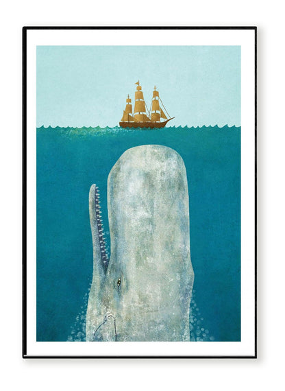 The Whale by Terry Fan – 50x70 cm surreal art print of a giant whale surfacing beneath a ship at sea, poetic nautical wall decor inspired by ocean mysteries and marine life, perfect for coastal and literary-inspired interiors.