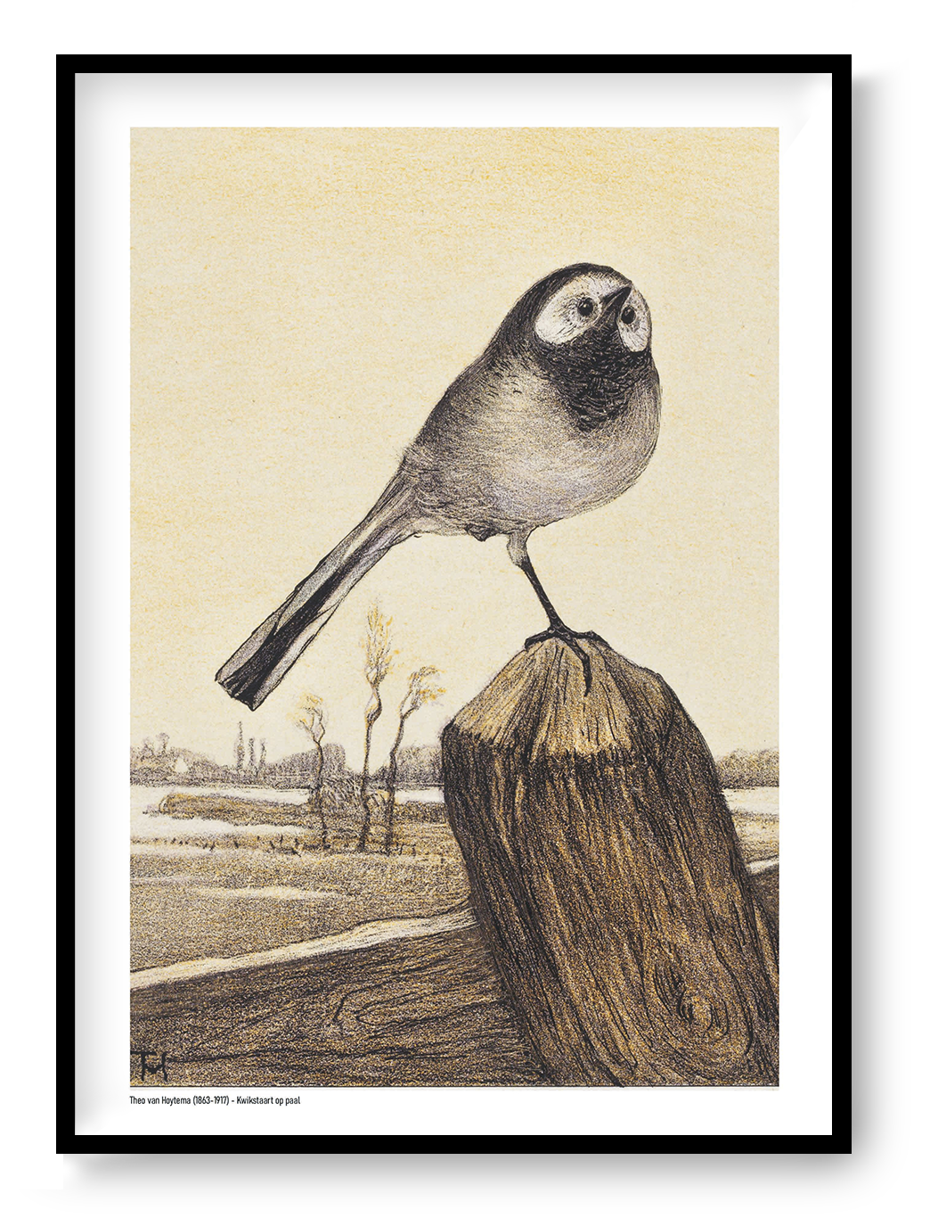 Vintage vertical digital art print of a wagtail perched on a wooden post above a quiet rural landscape, illustrated in warm cream, brown and black tones, ideal as nature-inspired wall art.