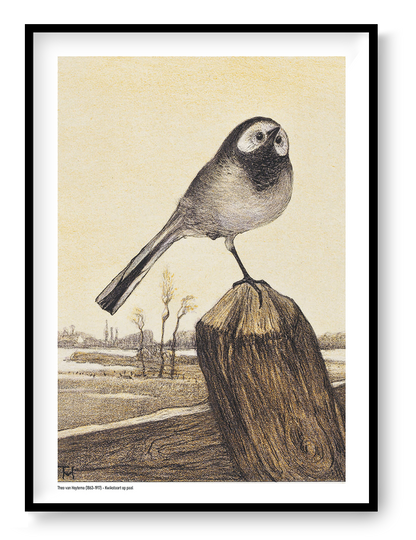 Vintage vertical digital art print of a wagtail perched on a wooden post above a quiet rural landscape, illustrated in warm cream, brown and black tones, ideal as nature-inspired wall art.