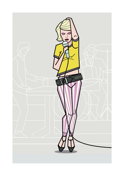 Illustration of a stylish punk singer in pastel striped pants and a yellow crop top, holding a microphone with confident attitude, created by Floor 4 Productions. Modern geometric line style with subtle band figures in the background. Limited edition art print available in A4 or A3, four-color print on matte 300g textured paper, perfect for music lovers and contemporary art collectors.
