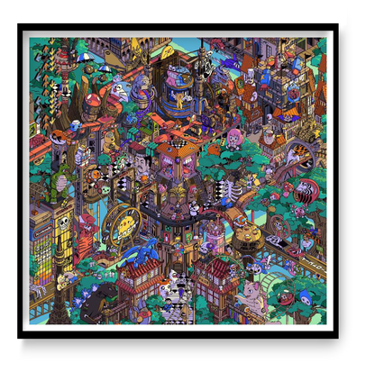 Colorful pop art illustration "Tokyo Parade" by Paiheme Studio, featuring a detailed city scene with 300 hidden Japanese cultural references including anime characters, food, and architecture, printed on 30x30 cm matte coated paper.