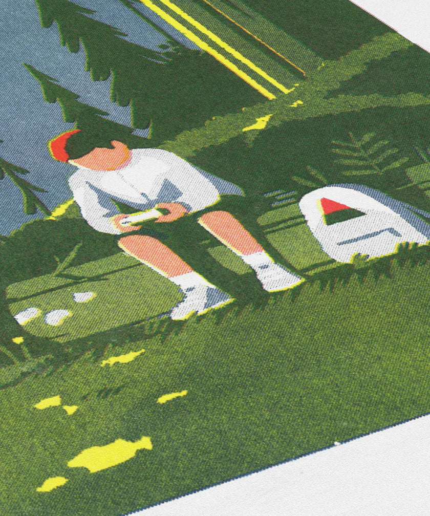 Risograph print Game Boy by Tom Haugomat — a boy playing his Game Boy in a sunny mountain valley while paragliders float in the sky, surrounded by pine trees and soft light. Minimalist French illustration blending nature, nostalgia, and modern design.