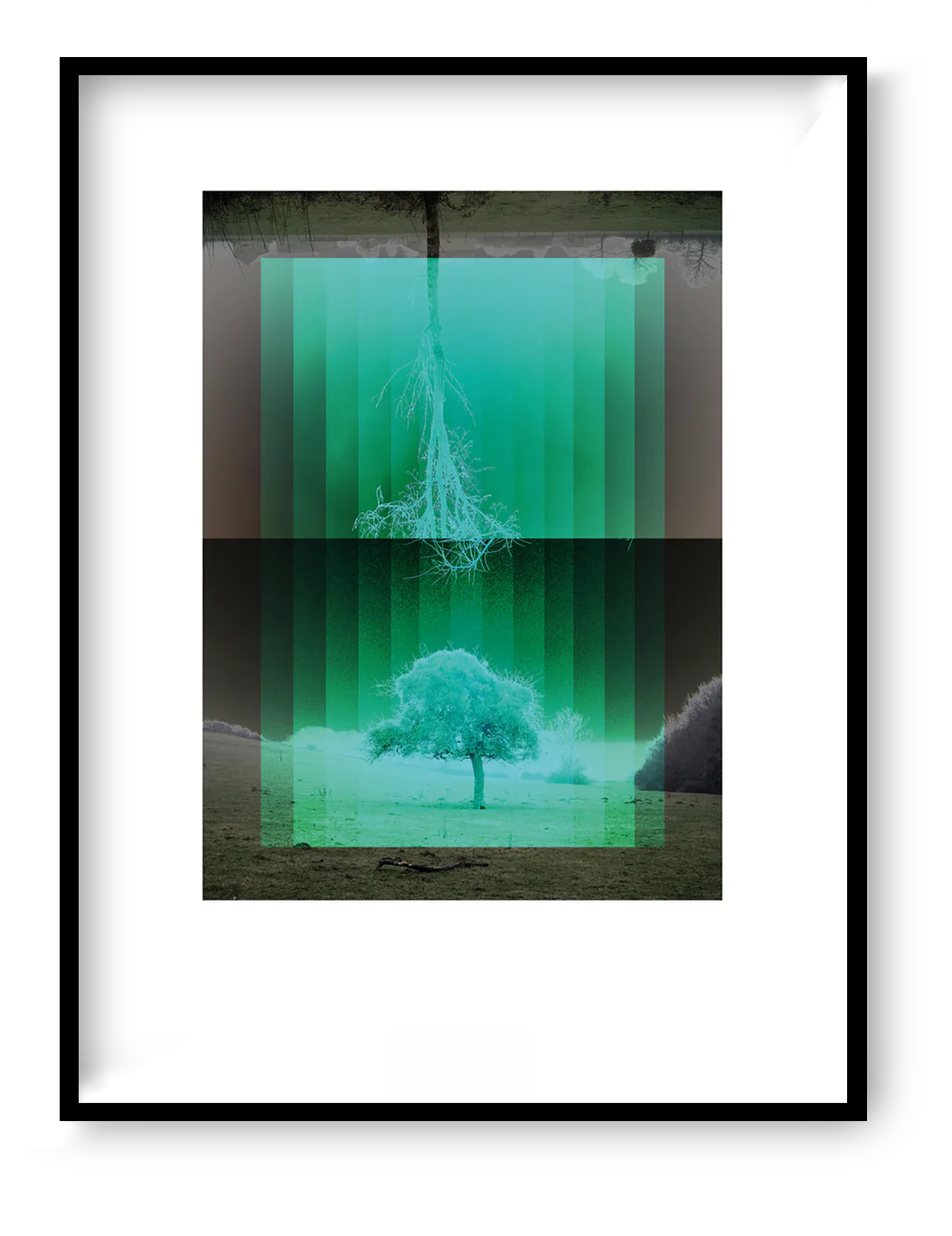 Green mirrored tree landscape art print with Scandinavian forest mood and layered light effects, modern nature wall decor by Studio Frits