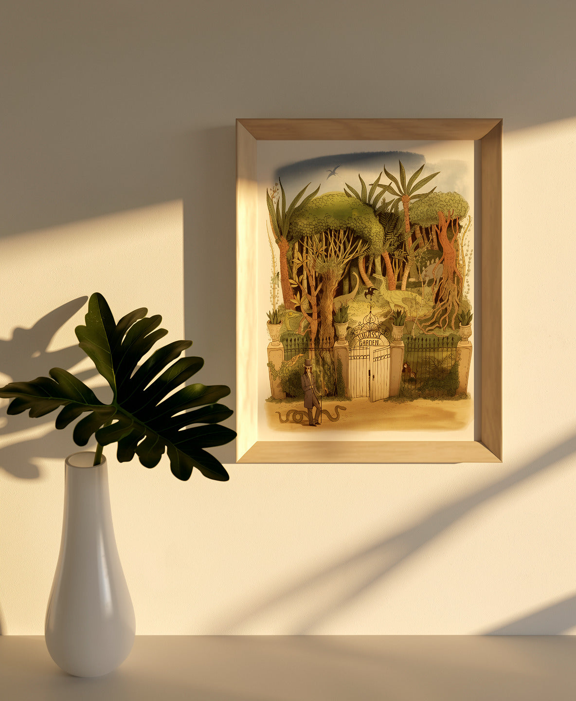 Detailed fantasy jungle illustration featuring dinosaurs hidden among lush trees and tropical plants behind an ornate Jurassic Garden gate, created in a whimsical storybook style with soft green and earthy tones. Vertical giclée wall art for nature-inspired home decor.
