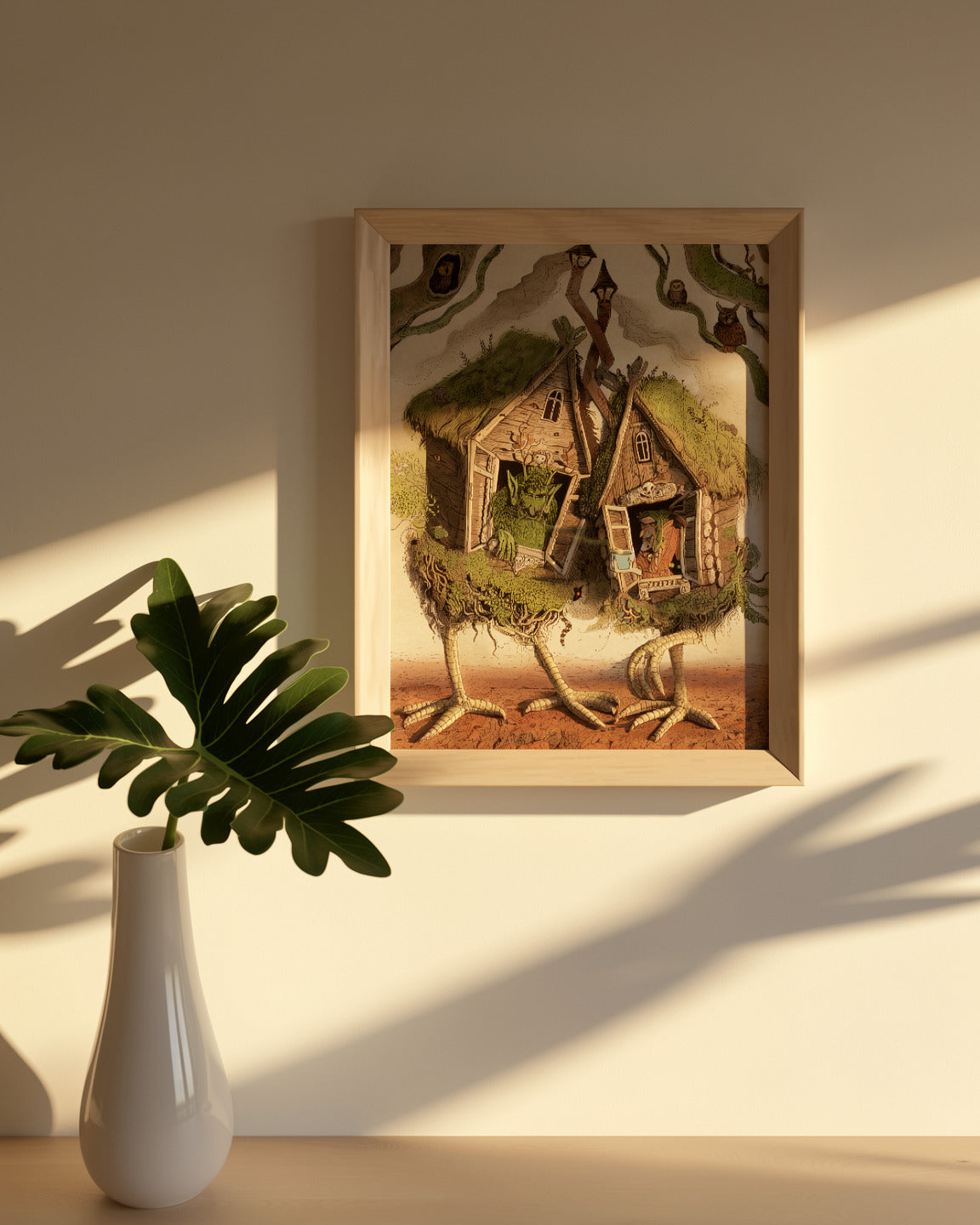 Whimsical folklore-inspired giclée art print featuring two walking woodland cottages on bird-like legs, magical creatures, owls, witches, and detailed forest elements in earthy tones. Vertical fantasy wall art for cozy home decor.