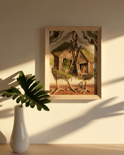 Whimsical folklore-inspired giclée art print featuring two walking woodland cottages on bird-like legs, magical creatures, owls, witches, and detailed forest elements in earthy tones. Vertical fantasy wall art for cozy home decor.