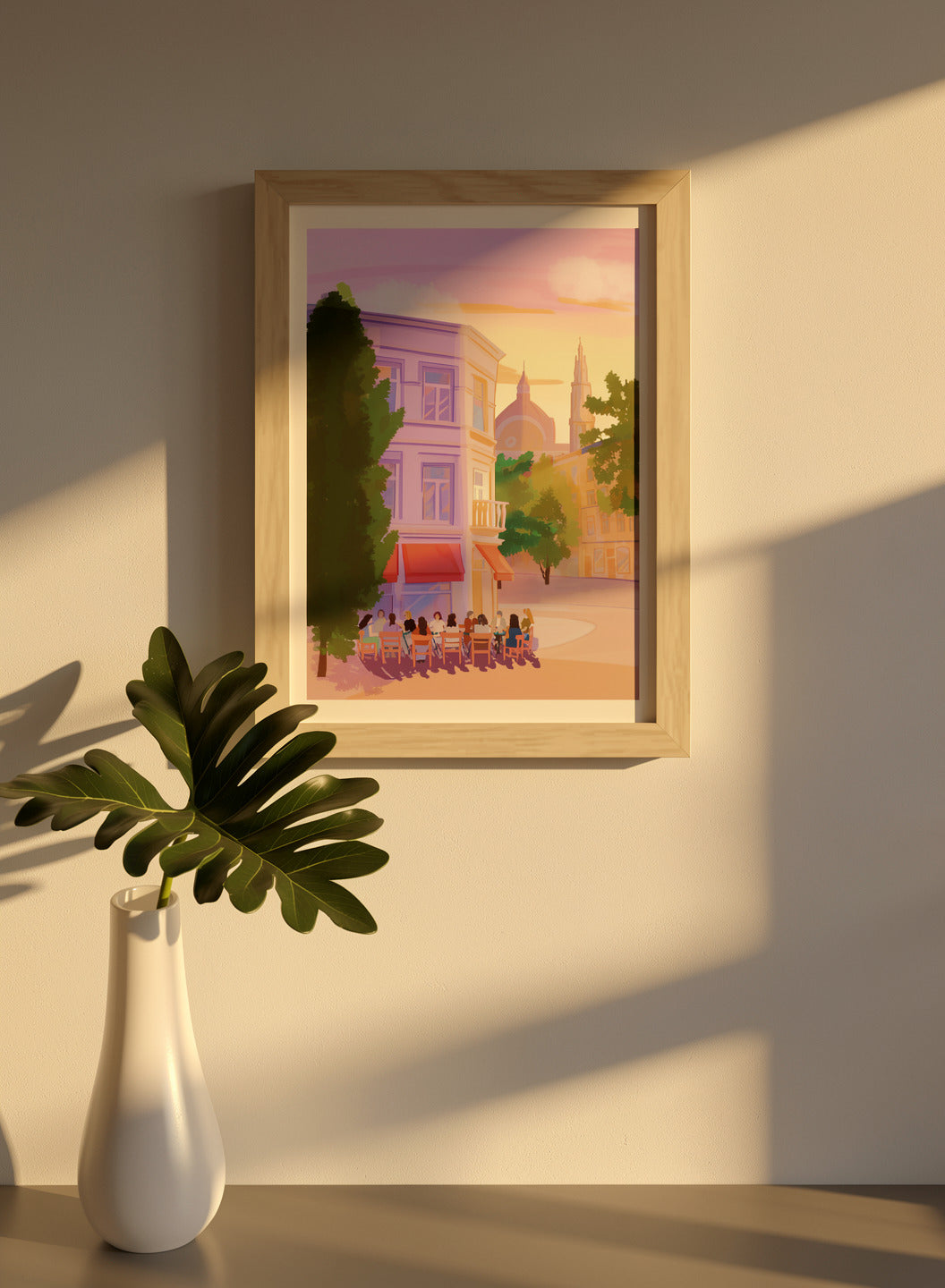 Antwerp café terrace illustration at sunset with people sitting outside a restaurant near historic buildings and cathedral tower, warm evening city scene art print