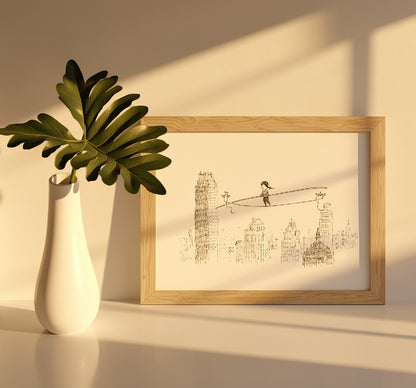 A4 giclée art print “Dizzy” by Willy Leung, minimalist line illustration with poetic balance and open space, calm wall art for modern interiors.