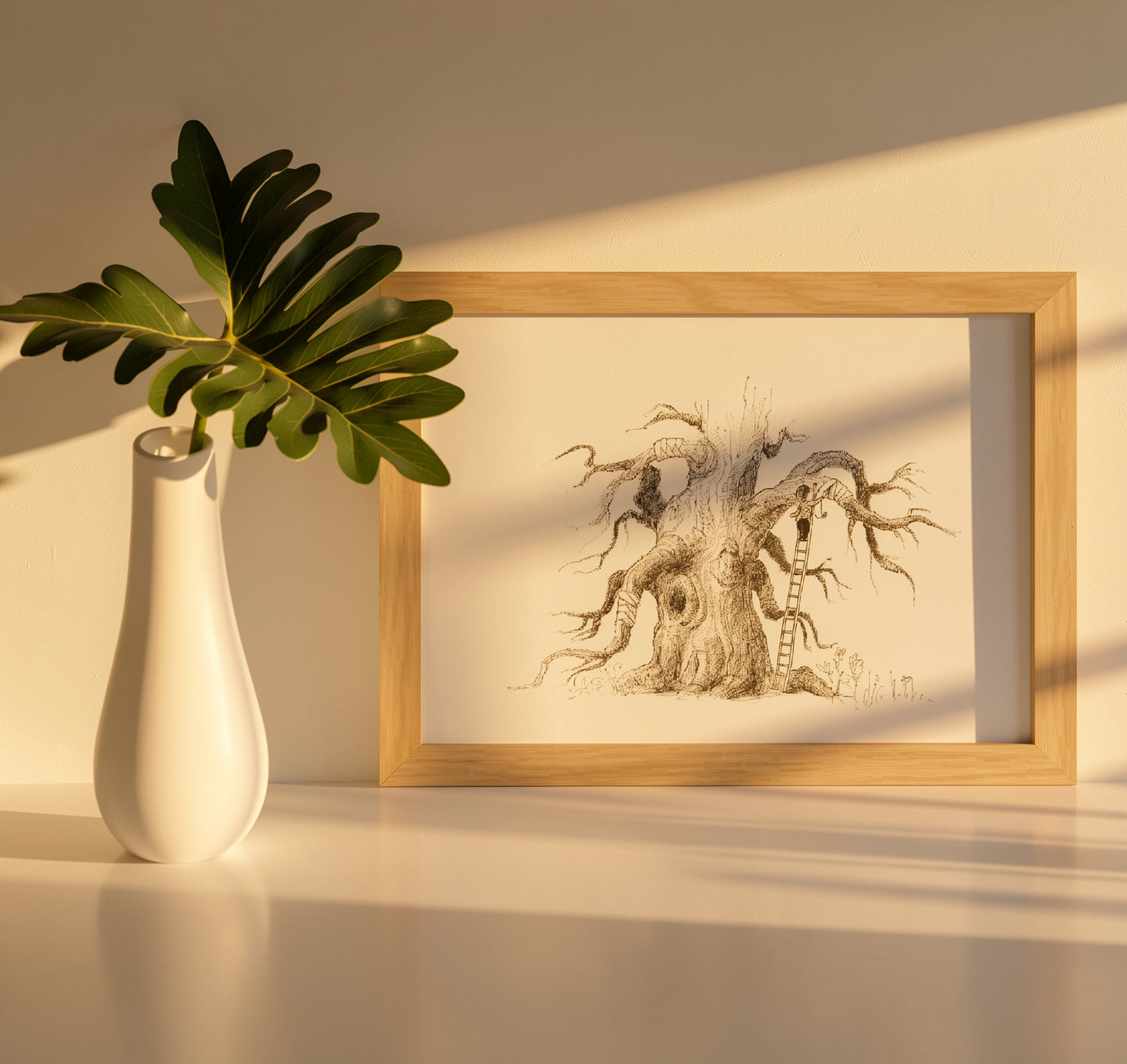 Black and white illustration of a wounded tree being cared for by a child, emotional art print by Willy Leung.