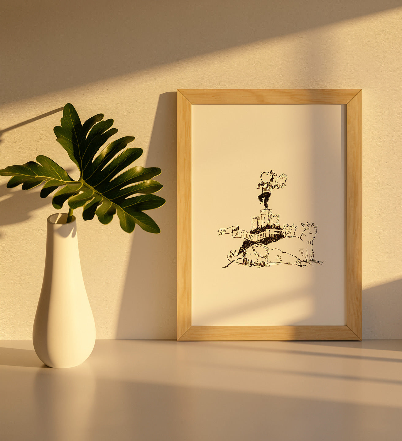 Whimsical black-and-white line drawing by Willy Leung titled 'Antwerpen,' featuring a heroic child standing atop the medieval fortress Het Steen, waving a severed monster hand in triumph above a defeated dragon. A playful and imaginative tribute to the city of Antwerp, combining humor, folklore, and childlike wonder—ideal for fans of storytelling art and charming city-themed prints