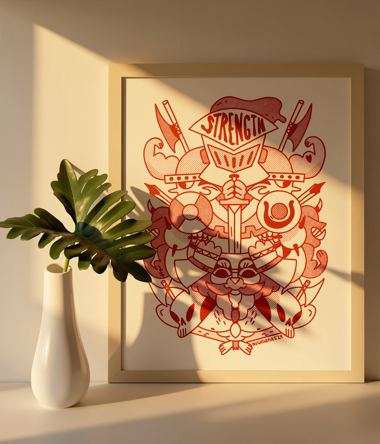 Vertical A3 risograph art print in red on white, featuring a symmetrical medieval crest with a helmet marked Strength, muscular arms, axes, shields, bows and skulls. Bold graphic wall art for studios, hallways and modern interiors.