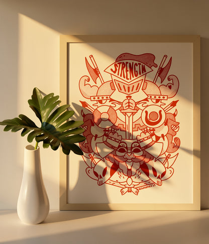 Vertical A3 risograph art print in red on white, featuring a symmetrical medieval crest with a helmet marked Strength, muscular arms, axes, shields, bows and skulls. Bold graphic wall art for studios, hallways and modern interiors.