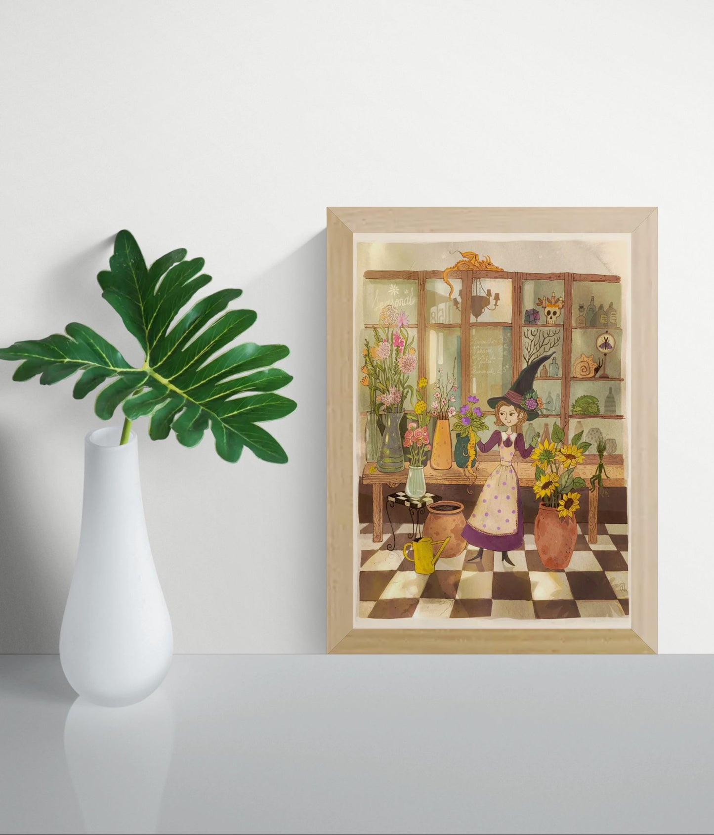 Mandrake by Lena Yampolski, whimsical witchcore illustration featuring a magical botanical apothecary filled with plants, mandrakes, potions, flowers, and fantasy creatures in warm earthy tones. Vertical A4 Giclée wall art for cozy home decor.
