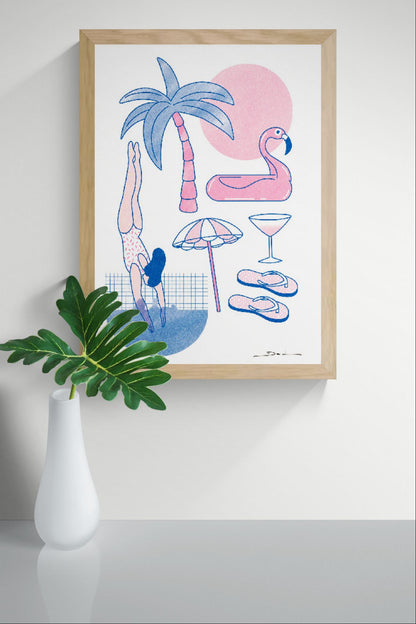 Playful summer-themed risograph print featuring a diving swimmer, palm tree, flamingo float, beach umbrella, cocktail glass, and flip-flops in pink and blue tones. Vertical contemporary wall art for colorful home decor.