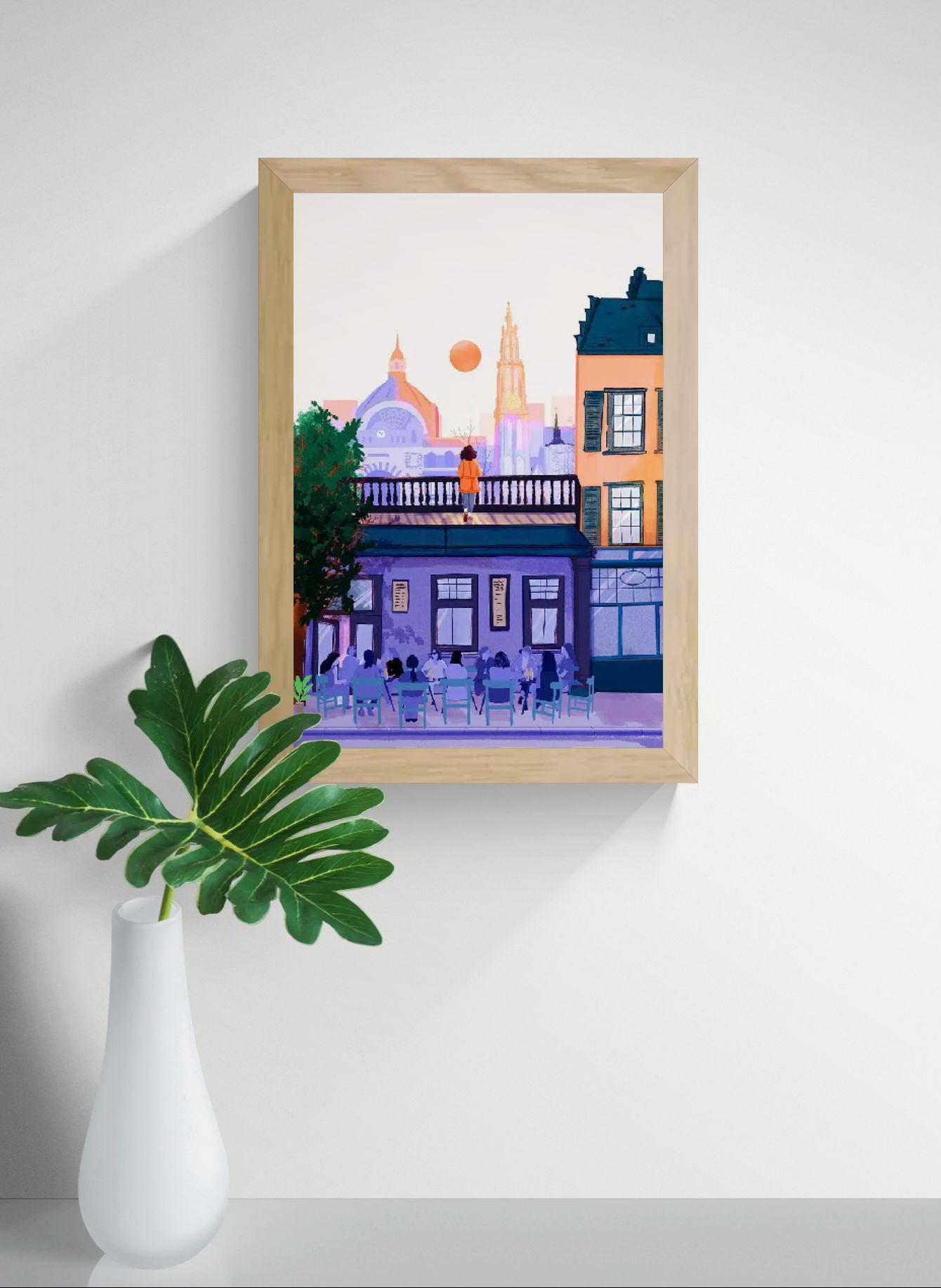 Illustrated cityscape of Antwerp by Mexican artist Valeria Maggiani – warm sunset tones, iconic skyline, Cathedral of Our Lady, terrace with people, printed in Belgium under the artist's supervision, signed and numbered A4 digital art print – modern wall art for city and travel lovers.