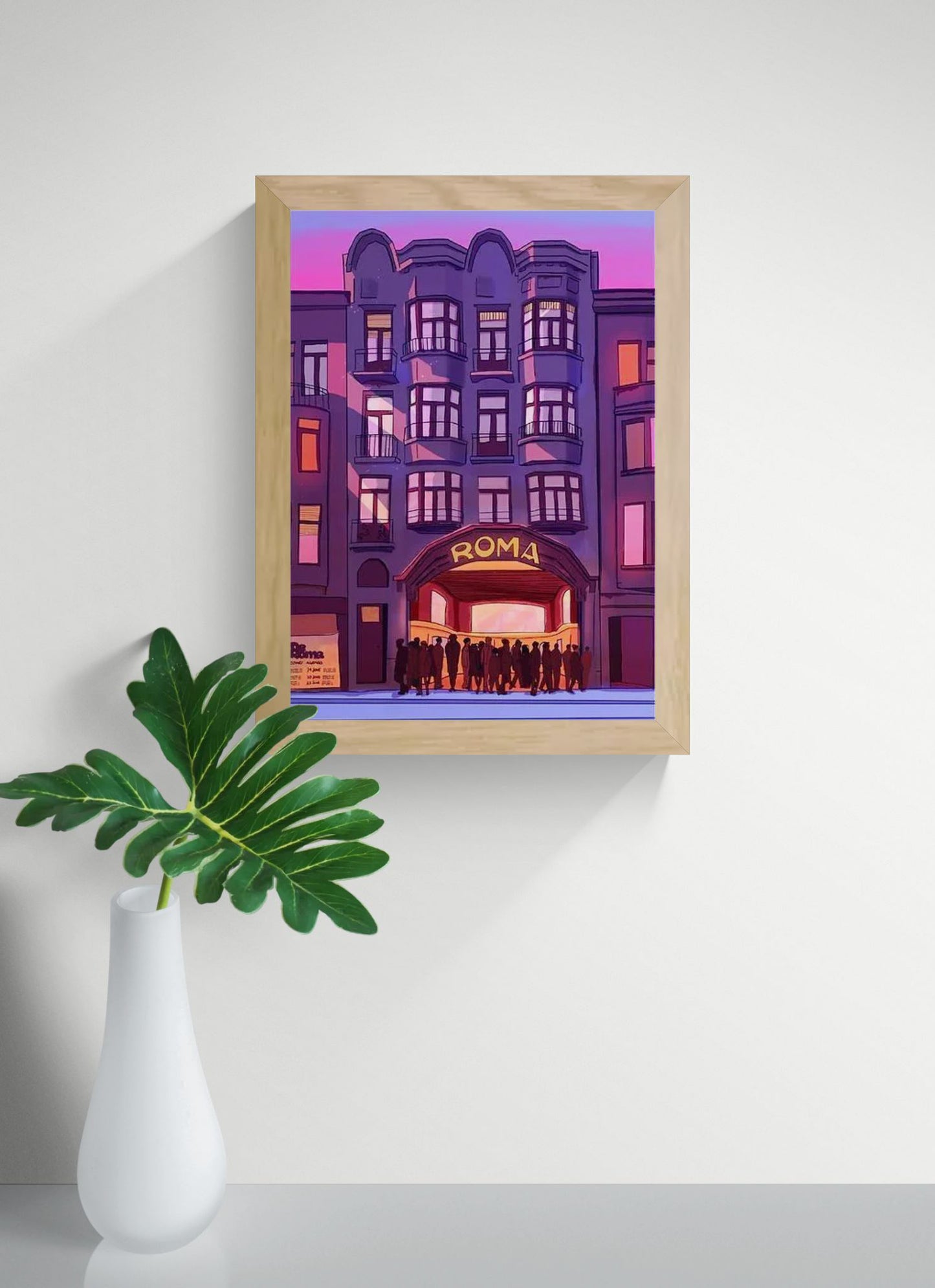 Digital art print of De Roma concert hall in Antwerp by Valeria Maggiani, purple and pink evening scene with silhouetted people, A4 format, printed in Belgium, perfect gift for Antwerp and music lovers.