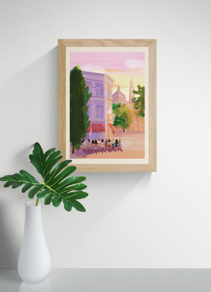 Antwerp café terrace illustration at sunset with people sitting outside a restaurant near historic buildings and cathedral tower, warm evening city scene art print