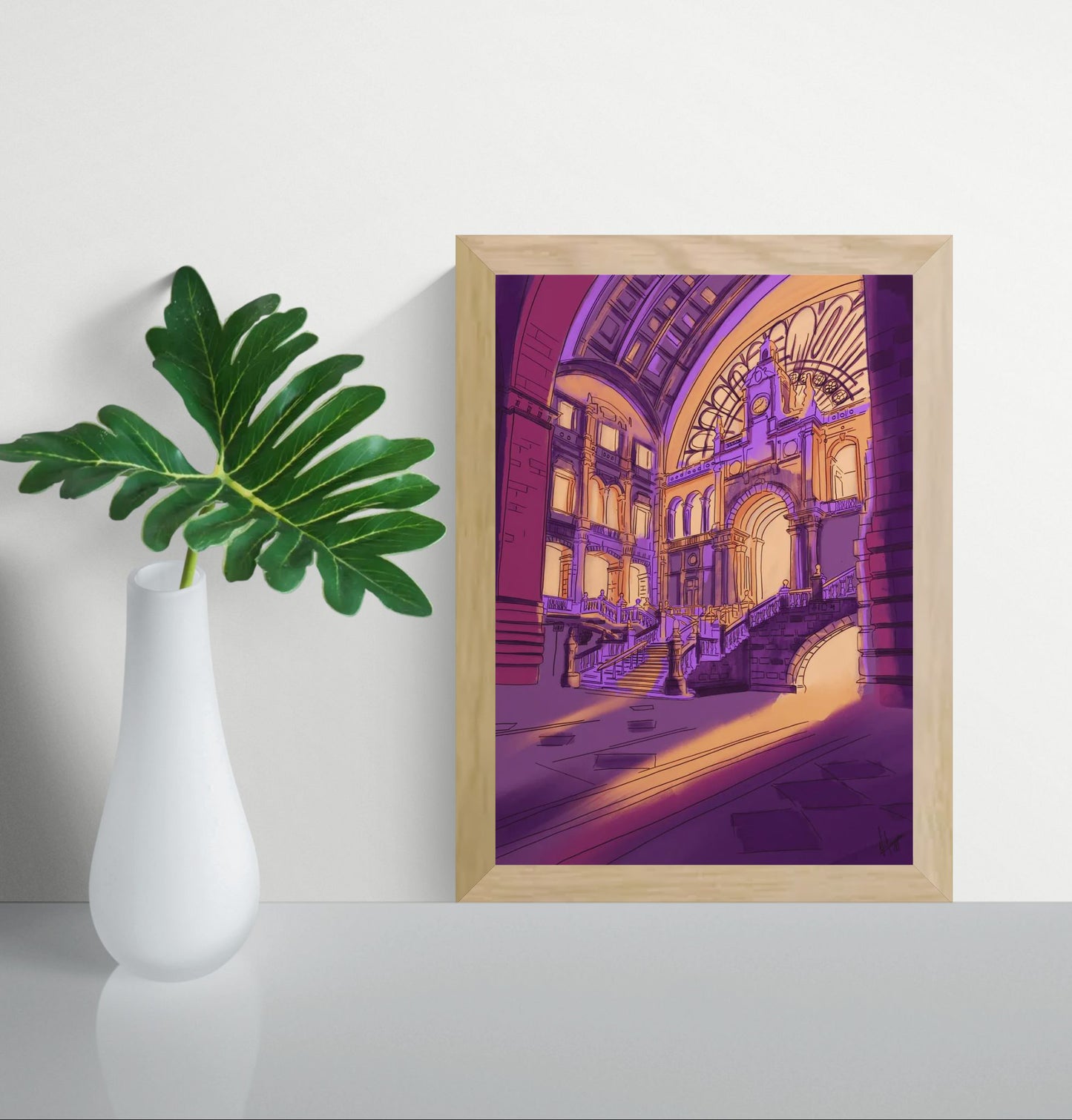 Antwerp Central Station hall interior illustration with grand staircase and historic architecture railway cathedral Belgium art print