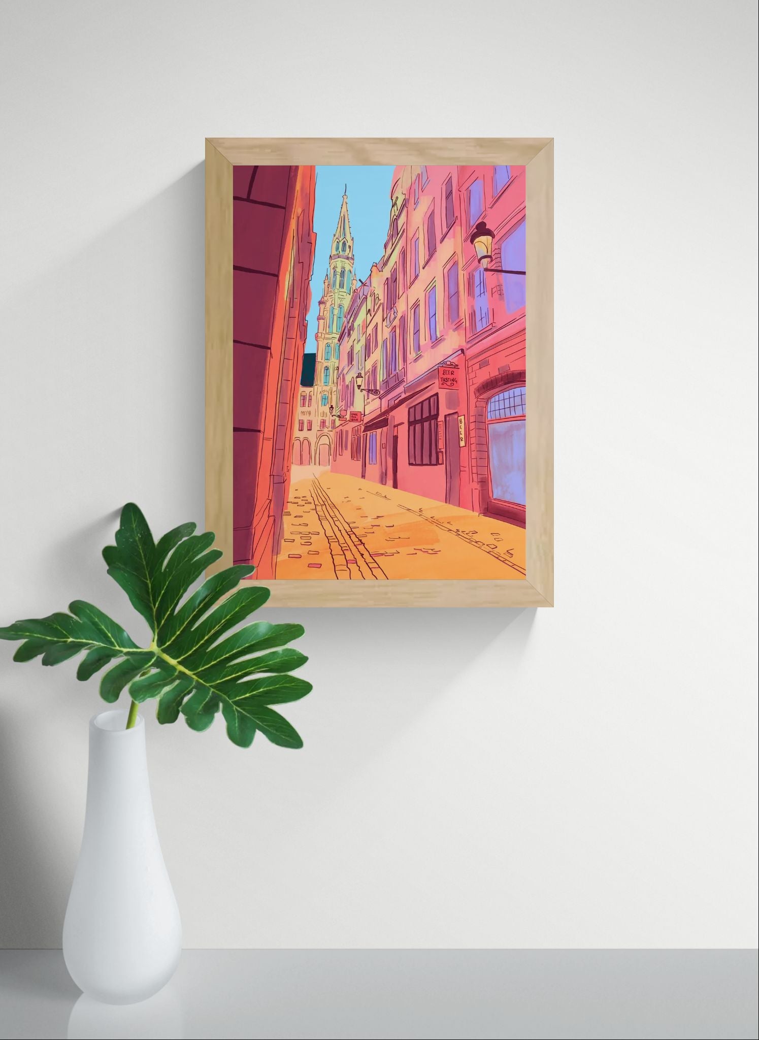 colorful Brussels street illustration with warm sunlight and historic buildings leading toward Grand Place vibrant European city wall art print