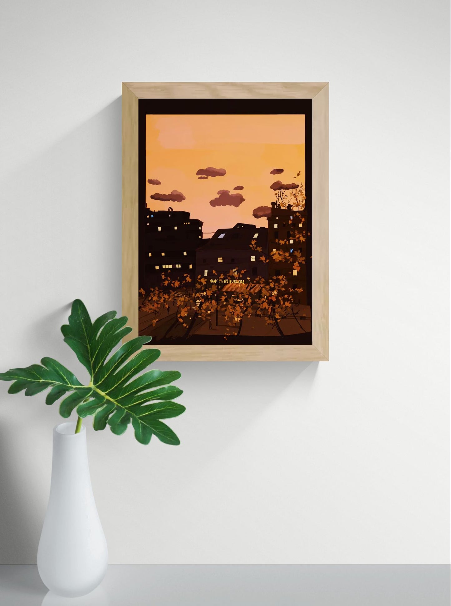 Autumn at the Groenplaats fine art giclée print by Valeria Maggiani, warm sunset cityscape illustration of Antwerp with glowing windows, autumn trees and cozy urban atmosphere, A4 cotton paper wall art for modern home decor.