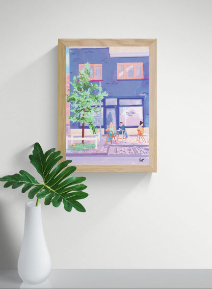 Antwerp Summer Coffee by Valeria Maggiani – A3 art print of a cozy summer café terrace in Antwerp with people enjoying coffee outdoors, urban lifestyle illustration in pastel tones, perfect wall art for design lovers and coffee enthusiasts.
