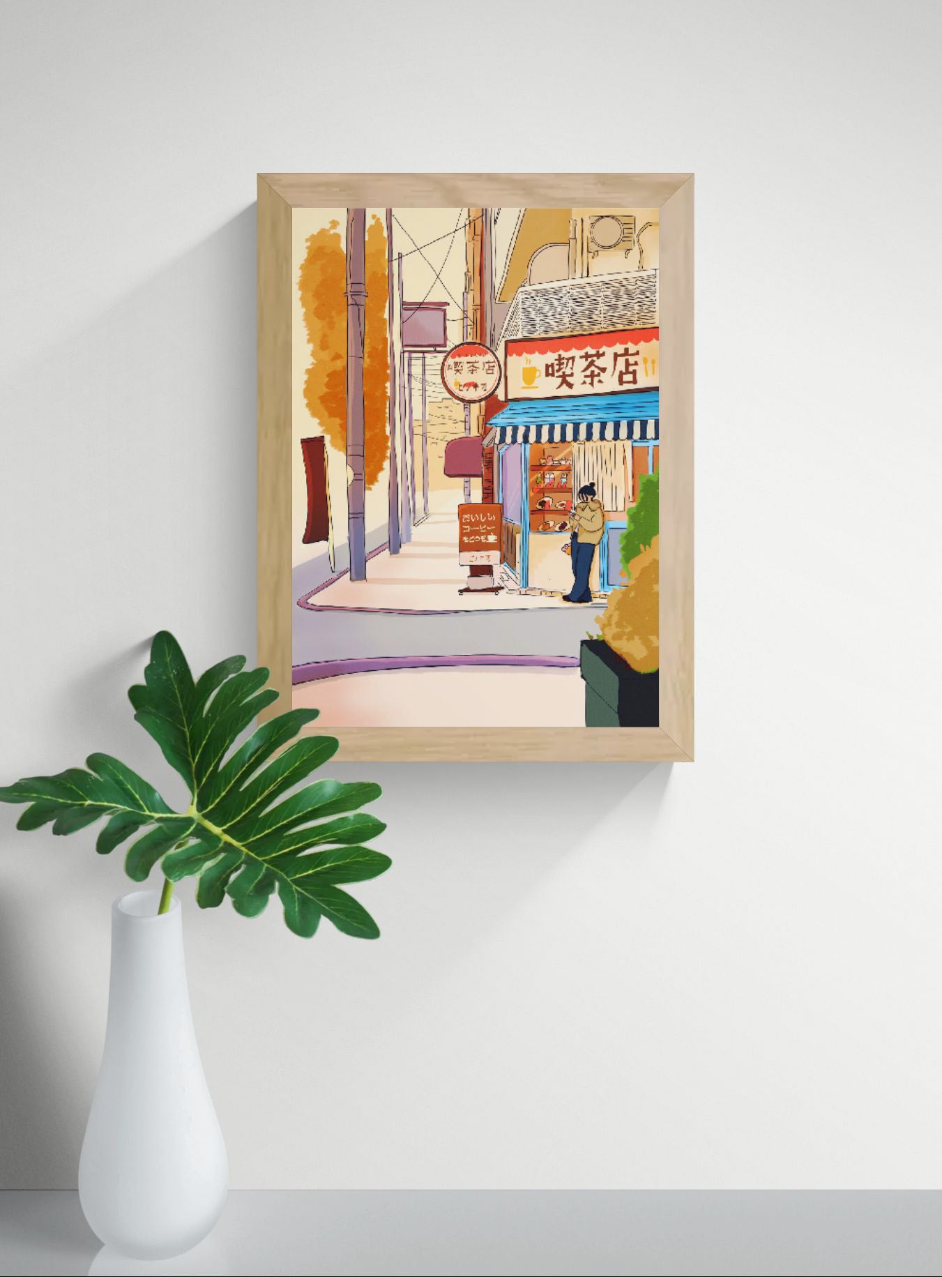 Illustration of a quiet Japanese street in autumn with a cozy café, warm golden trees, and a customer outside, created in a soft contemporary style as a Fine Art Giclée print, ideal for peaceful home decor.
