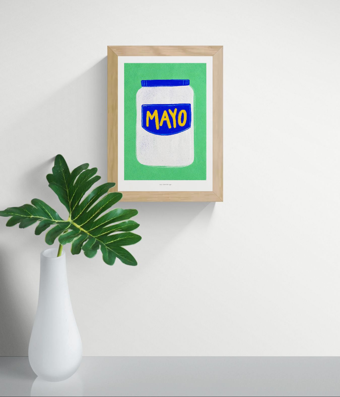 Minimalist illustration of a mayonnaise jar with a blue label and yellow lettering on a bright green background. Contemporary giclée art print in portrait format, ideal for kitchen wall decor and modern interiors.
