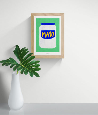 Minimalist illustration of a mayonnaise jar with a blue label and yellow lettering on a bright green background. Contemporary giclée art print in portrait format, ideal for kitchen wall decor and modern interiors.