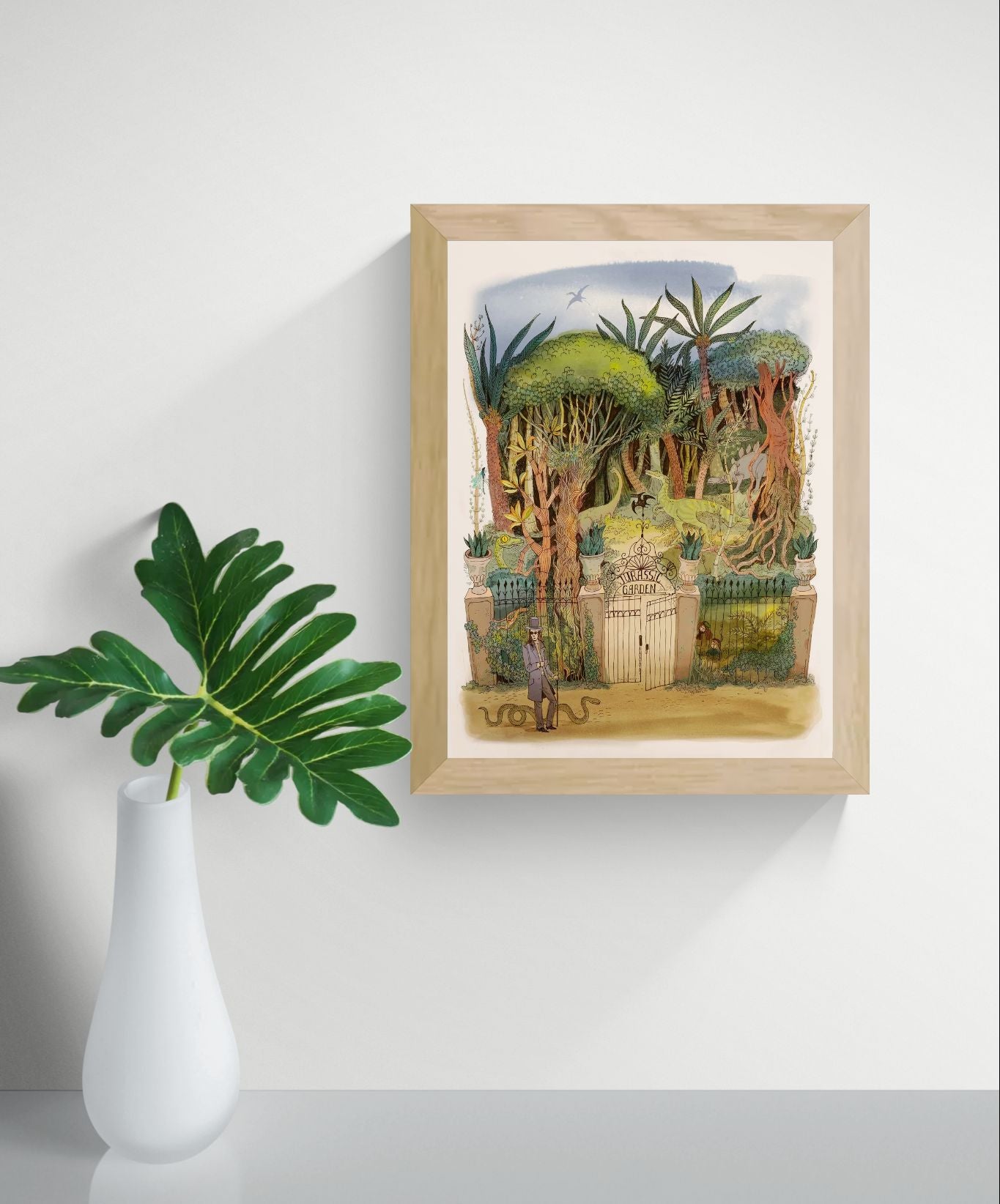 Detailed fantasy jungle illustration featuring dinosaurs hidden among lush trees and tropical plants behind an ornate Jurassic Garden gate, created in a whimsical storybook style with soft green and earthy tones. Vertical giclée wall art for nature-inspired home decor.