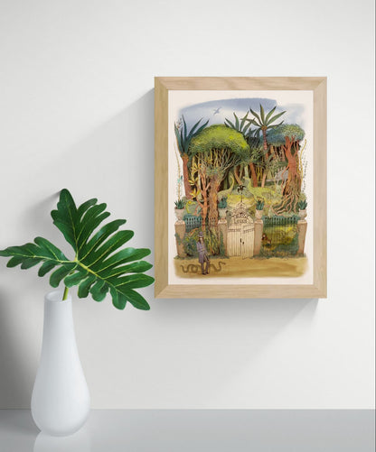 Detailed fantasy jungle illustration featuring dinosaurs hidden among lush trees and tropical plants behind an ornate Jurassic Garden gate, created in a whimsical storybook style with soft green and earthy tones. Vertical giclée wall art for nature-inspired home decor.