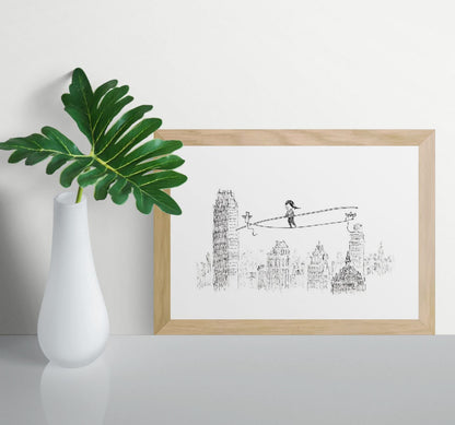 A4 giclée art print “Dizzy” by Willy Leung, minimalist line illustration with poetic balance and open space, calm wall art for modern interiors.