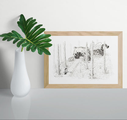 Black and white surreal illustration by Willy Leung showing a child sitting on forest stairs leading into the mouth of a giant furry creature, printed as an A4 giclée art print on Hahnemühle paper.