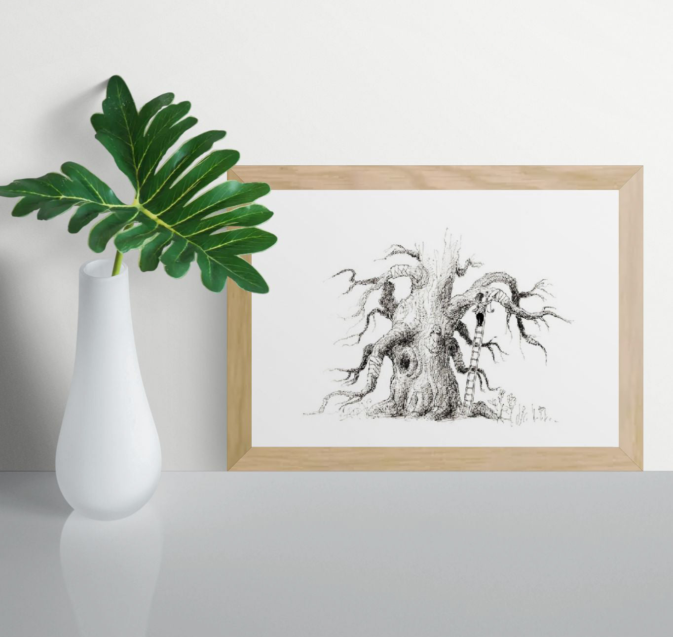 Black and white illustration of a wounded tree being cared for by a child, emotional art print by Willy Leung.