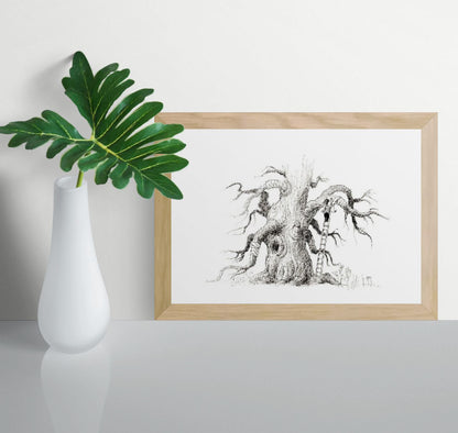 Black and white illustration of a wounded tree being cared for by a child, emotional art print by Willy Leung.