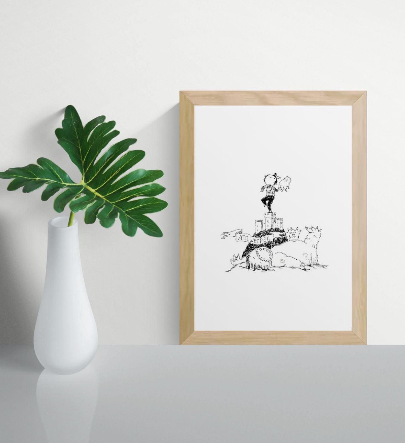Whimsical black-and-white line drawing by Willy Leung titled 'Antwerpen,' featuring a heroic child standing atop the medieval fortress Het Steen, waving a severed monster hand in triumph above a defeated dragon. A playful and imaginative tribute to the city of Antwerp, combining humor, folklore, and childlike wonder—ideal for fans of storytelling art and charming city-themed prints