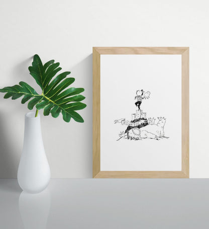 Whimsical black-and-white line drawing by Willy Leung titled 'Antwerpen,' featuring a heroic child standing atop the medieval fortress Het Steen, waving a severed monster hand in triumph above a defeated dragon. A playful and imaginative tribute to the city of Antwerp, combining humor, folklore, and childlike wonder—ideal for fans of storytelling art and charming city-themed prints