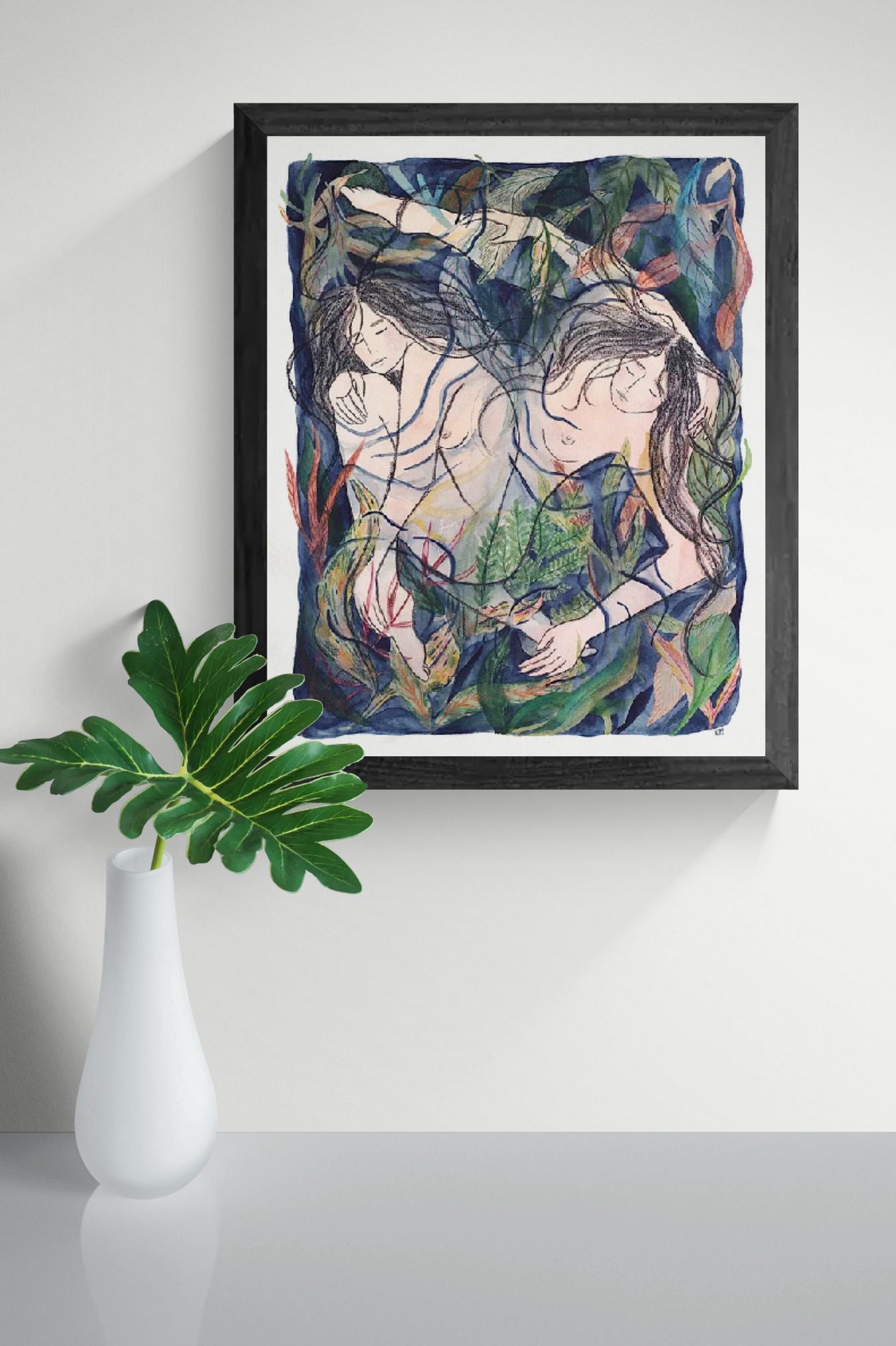 Art print “Entangled” by Kim Timmermans, watercolor and pencil illustration of intertwined female figures and plants, intimate contemporary wall art.