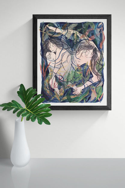 Art print “Entangled” by Kim Timmermans, watercolor and pencil illustration of intertwined female figures and plants, intimate contemporary wall art.