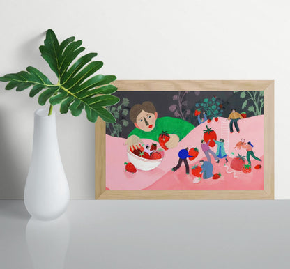 Digital art print "Aardbeien" by Belgian illustrator Louise de Meester, featuring bright red strawberries in a whimsical, textured style. Perfect for colorful kitchen decor and contemporary illustration lovers.