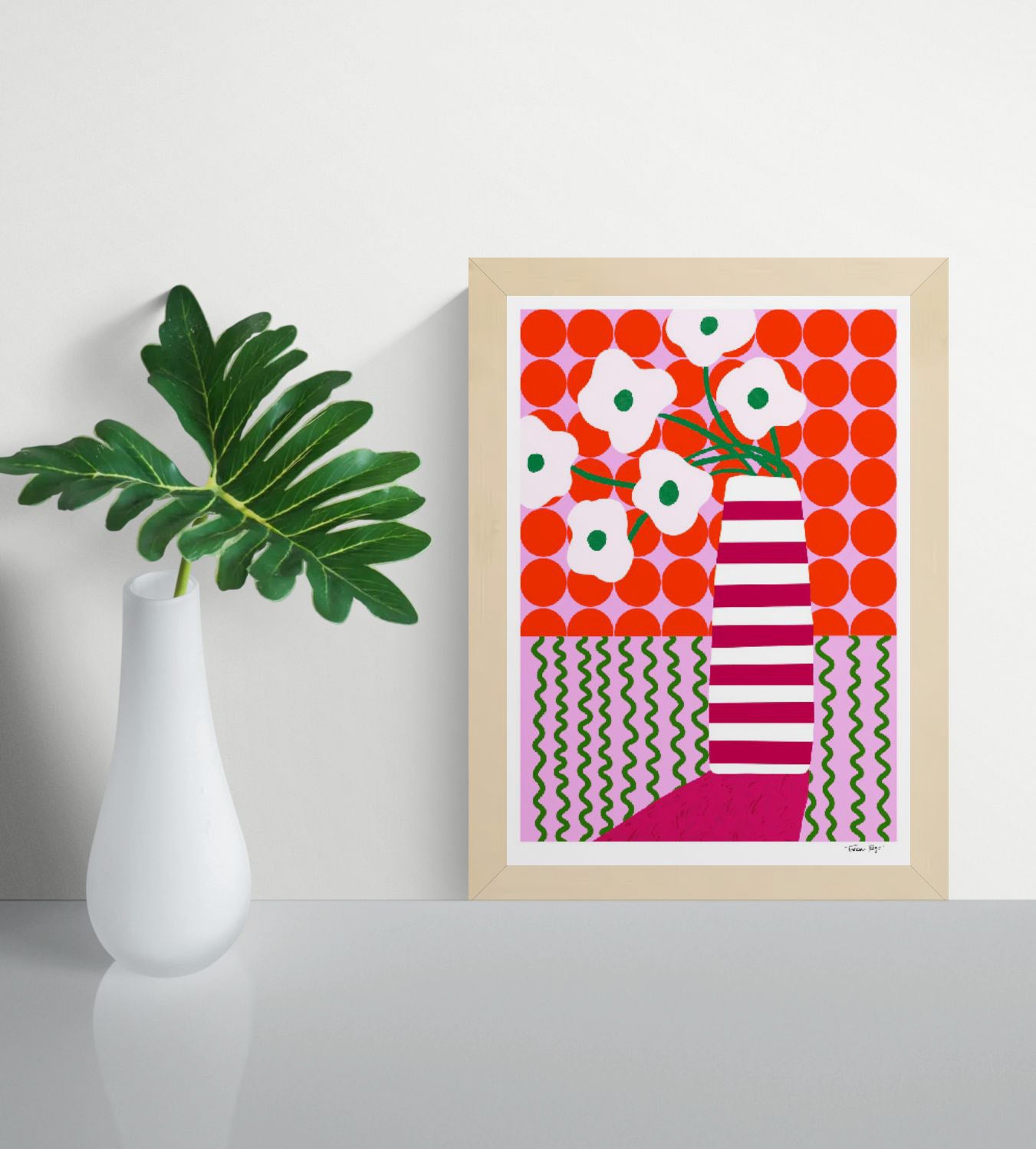 Colorful A4 Giclée print by Portuguese illustrator Teresa Rego – bold striped vase with playful white flowers, red, pink and green graphic patterns, printed on 315 gsm acid-free, 100% cotton fine art paper with pigment-based inks – vibrant botanical wall art for modern interiors.