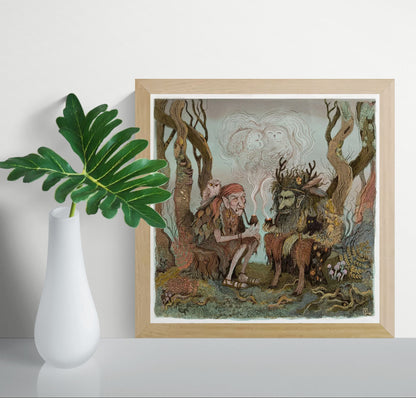 Square giclée print of two folklore forest beings smoking pipes beneath owl-shaped smoke, drawn in muted green, brown and dusty pink tones; detailed storybook wall art for a living room, study or reading nook.