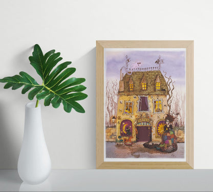 Whimsical folklore-inspired illustration of a magical townhouse filled with cats, ghostly figures, and a patchwork-dressed character. Detailed fantasy giclée print in soft purple, beige, orange, and black tones, vertical wall art for cozy home decor.