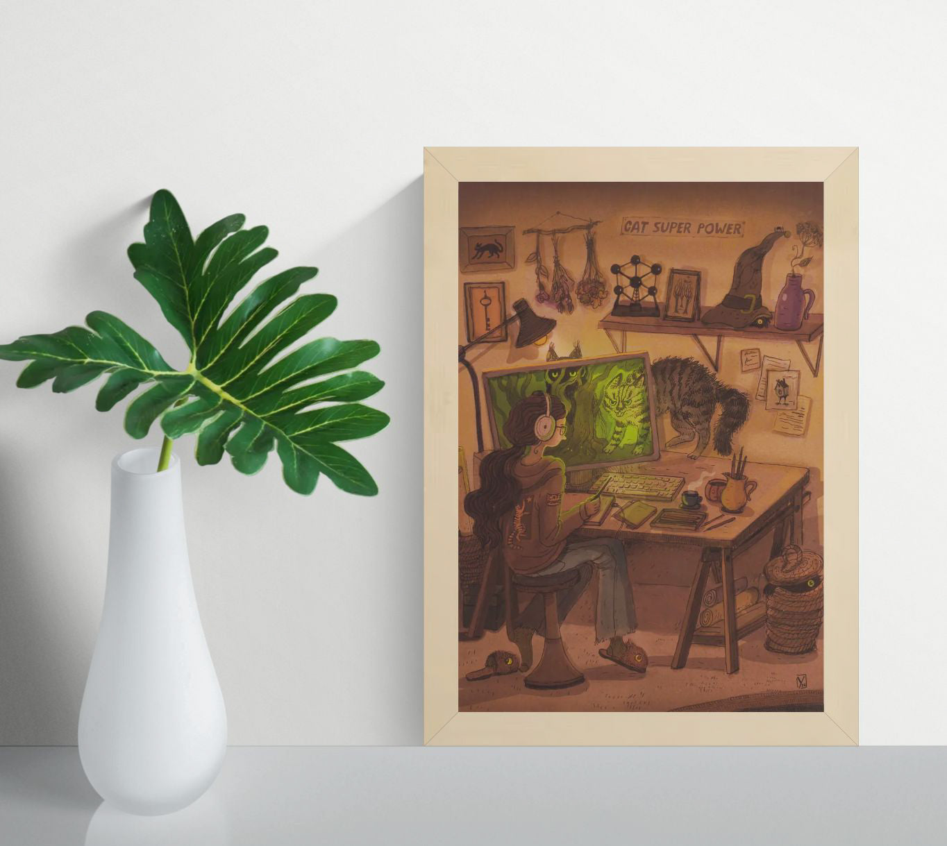 Whimsical Cyber Cats art print by Lena Yampolski featuring a creative workspace, magical cats, computer screen, warm earthy tones, fantasy illustration style, vertical giclée wall art for home office decor.