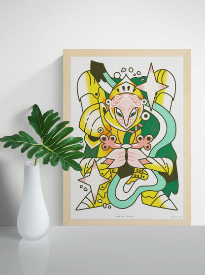 Starlight Sentinel risograph art print by Auwnanas featuring a stylized warrior figure with stars, bold yellow and green tones, and dynamic abstract shapes in A3 format