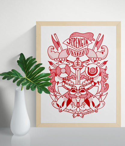 Vertical A3 risograph art print in red on white, featuring a symmetrical medieval crest with a helmet marked Strength, muscular arms, axes, shields, bows and skulls. Bold graphic wall art for studios, hallways and modern interiors.