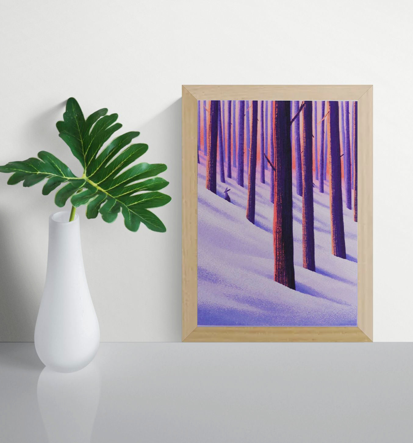 Vertical giclée art print of a small hare in a snowy forest, illustrated in purple, violet and warm orange tones, ideal as calming wall art for bedrooms, nurseries and reading corners.