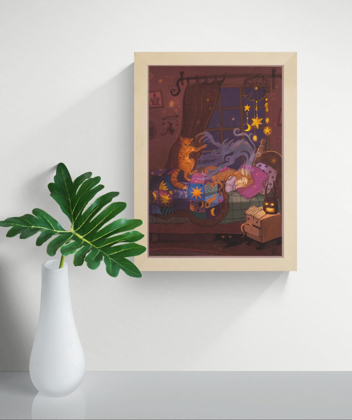 Whimsical fantasy bedroom illustration featuring a sleeping girl, magical dream dragon, protective cat, glowing stars, dreamcatcher and witchy decor. Detailed vertical giclée art print in warm purple, gold and blue tones for cozy home decor.