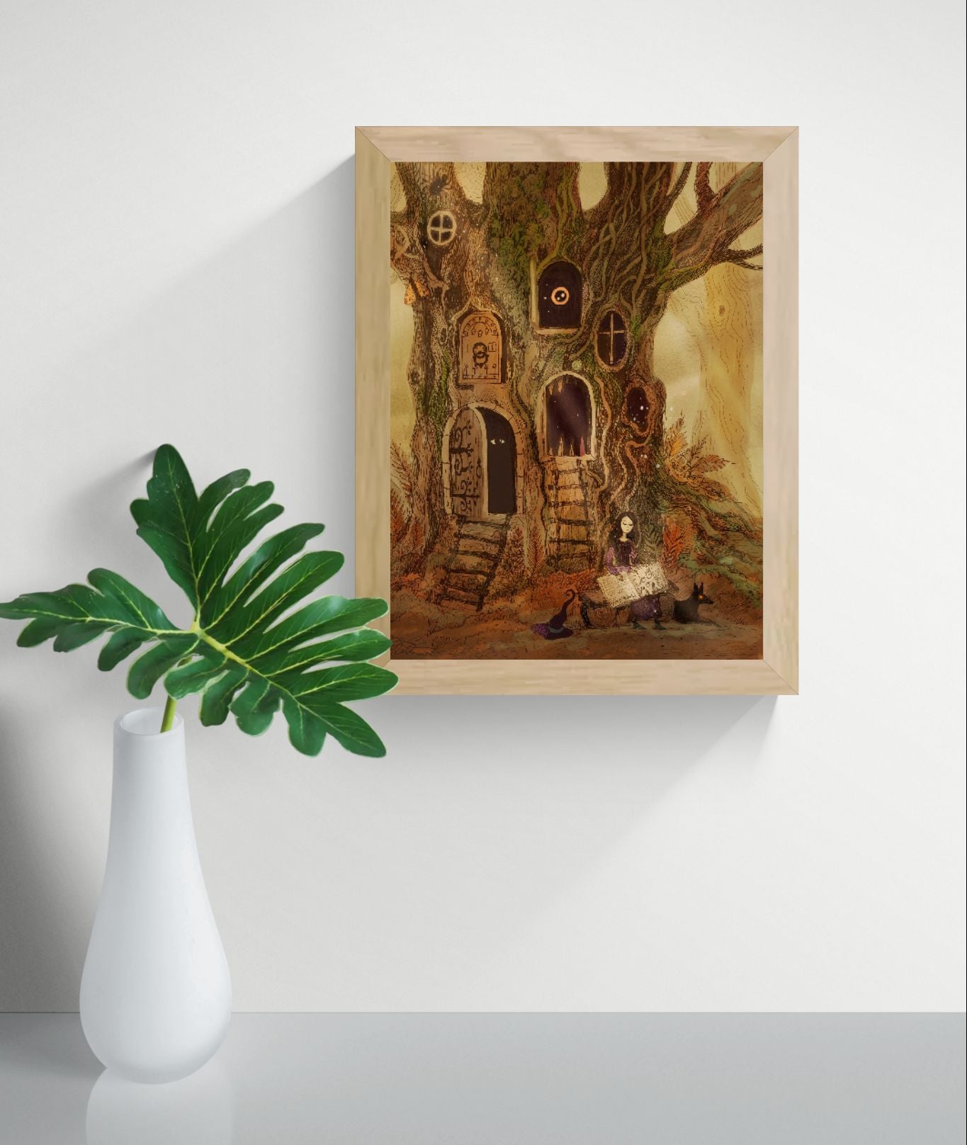 Whimsical fantasy treehouse illustration by Lena Yampolski featuring magical doors, hidden windows, a young witch reading beside a black fox, and enchanted forest details in warm earthy tones. Vertical giclée wall art for cozy home decor.